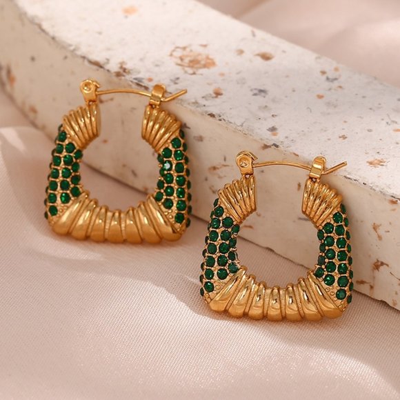 Boutique Jewelry - Green Zircon Chunky Square PVD 18K Gold Hoop Earrings Stainless Steel